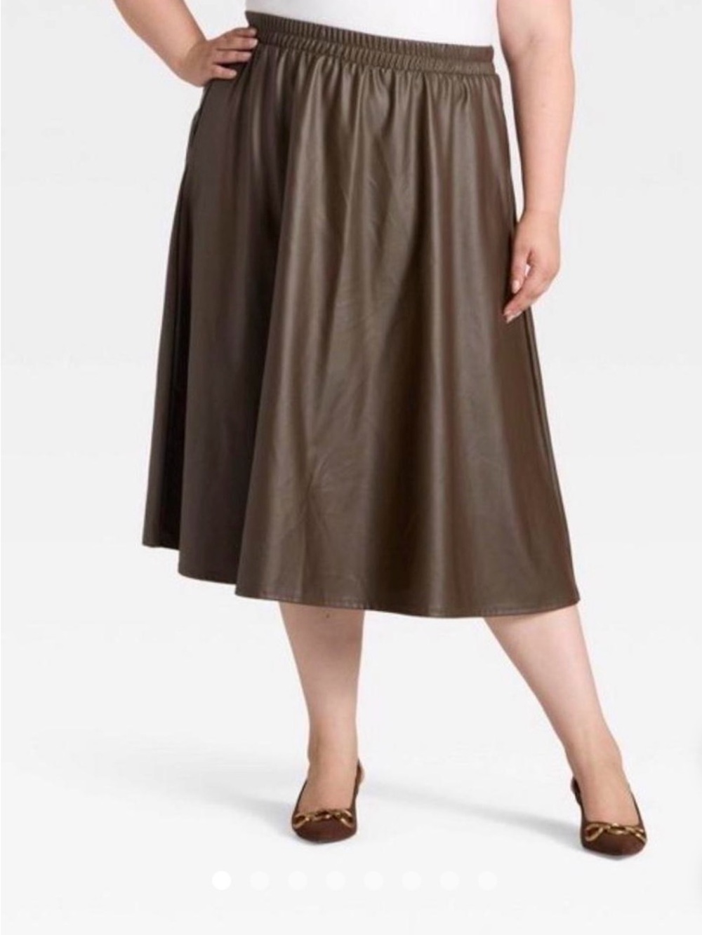 Plus-Size Faux Leather A-Line Midi Skirt — Brown